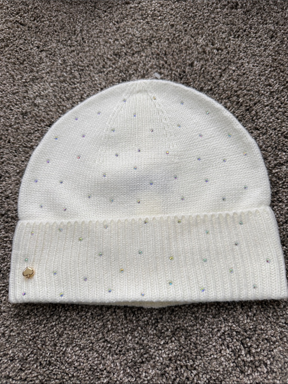 kate spade White Knit Beanie with Iridescent Studs